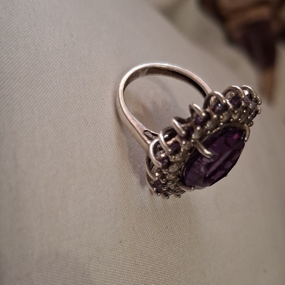 Amethyst and White Topaz Halo Ring Set In Solid Sterling Silver .925 Mk Sz 6.5 - Picture 5 of 10